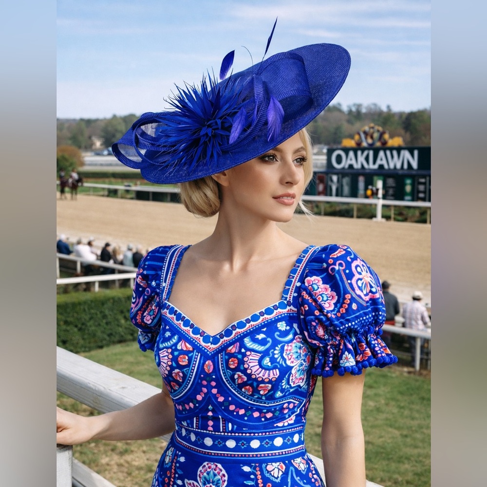 UK Blue Statement Feather Fascinator – Elegant Wide Brim KY Derby Oaks Hat